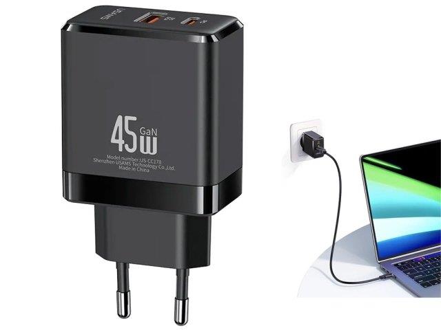شارژر دیواری فست تایپ سی و یو اس بی 45 وات یوسامز USAMS US-CC178 T58 45W A C GaN Fast Charger (EU)